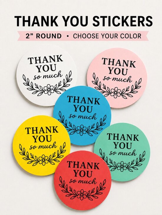 Handmade Other - 50 Floral Thank You Stickers 2 Inch Round Packaging Labels Choice of Color 2x2in